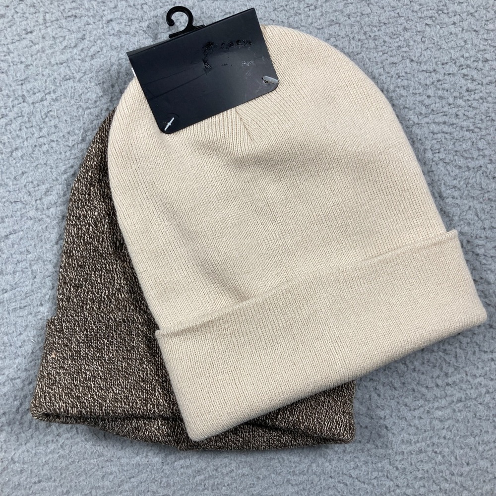 Beanie Hats Adult Lot of‎ 2 Beige Cream and Brown Winter Ski Outdoors NEW